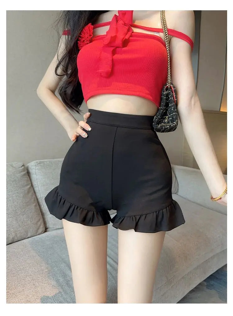 New Black Shorts for Women, Summer Style with High Waist, Slimming and Wide-leg, Casual Three-quarter Pants