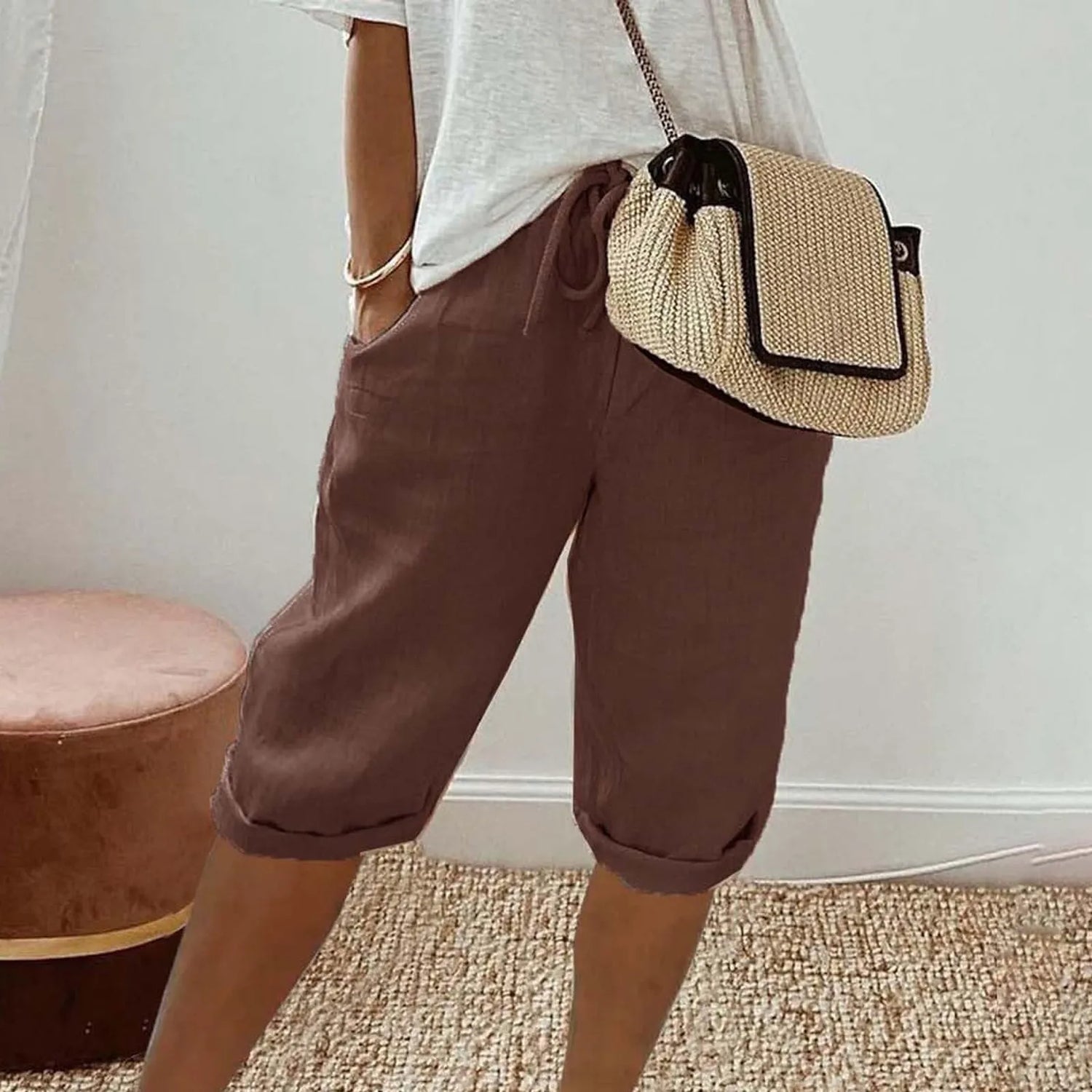 Casual Cotton Linen Pants For Female Streetwear Solid Color Wide Leg Capri Versatile Palazzo Pants Baggy Cargo Pants With Pocket