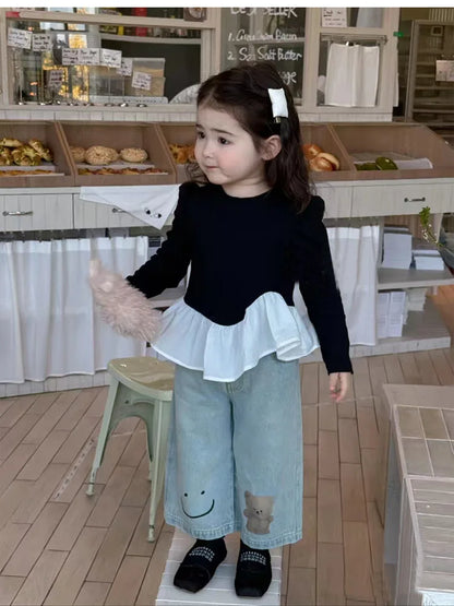 Korean Children Clothing 2025 Spring Clothing New Girls Splicing Long-sleeved T-shirt Top Girl Baby Ruffle Edge Bottoming Shirt