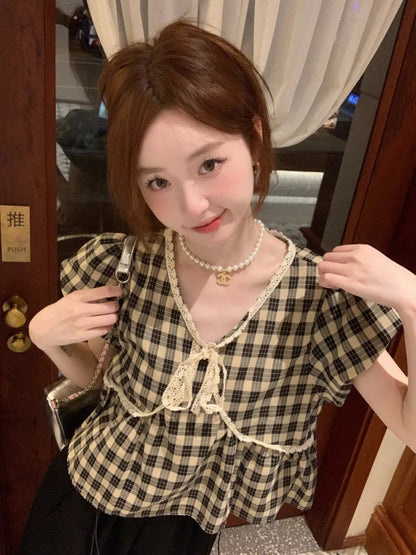Blouses Women Plaid Vintage Literary Summer Short-sleeve Sweet Crop Tops Lace-up Aesthetic Prairie Chic Students French Style