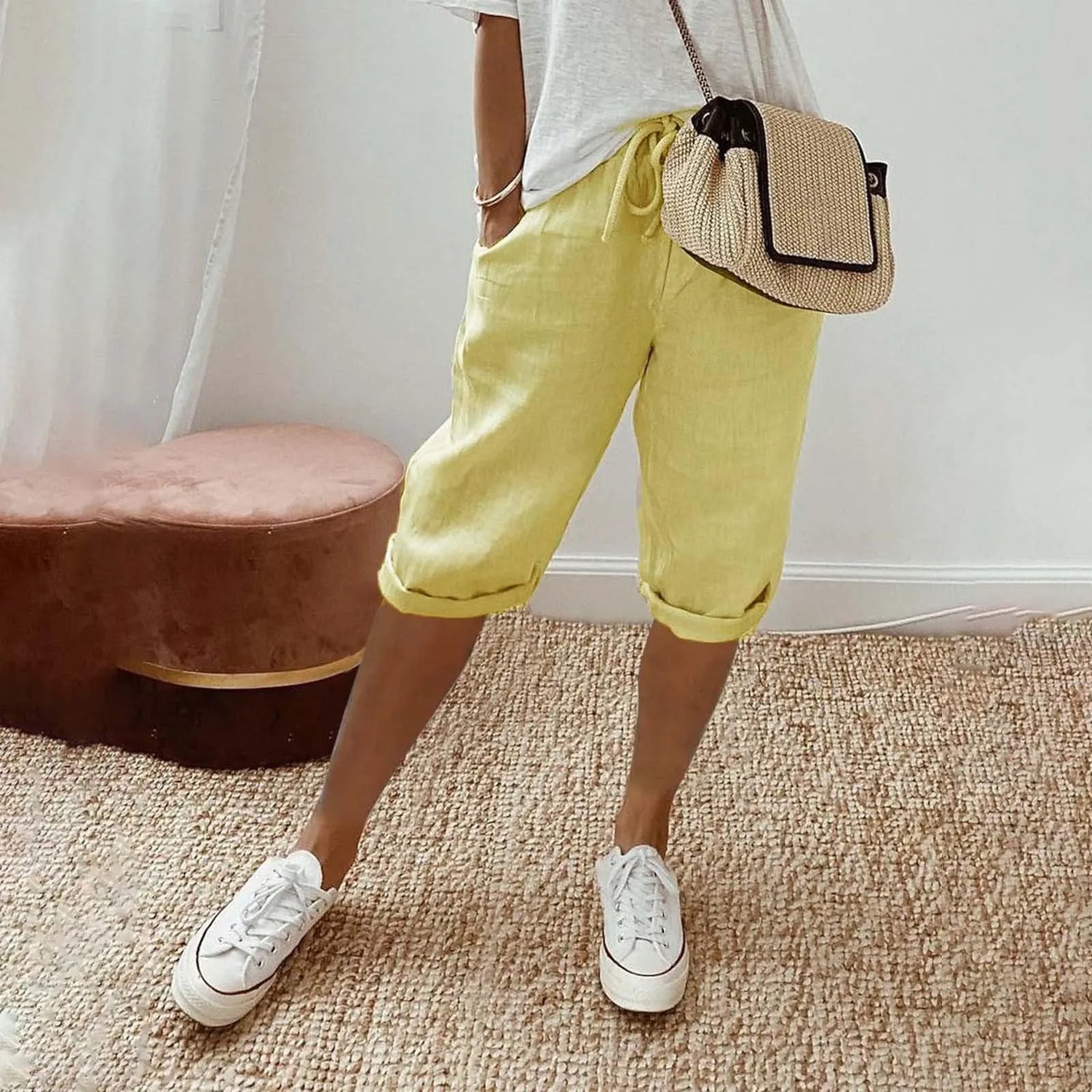Casual Cotton Linen Pants For Female Streetwear Solid Color Wide Leg Capri Versatile Palazzo Pants Baggy Cargo Pants With Pocket
