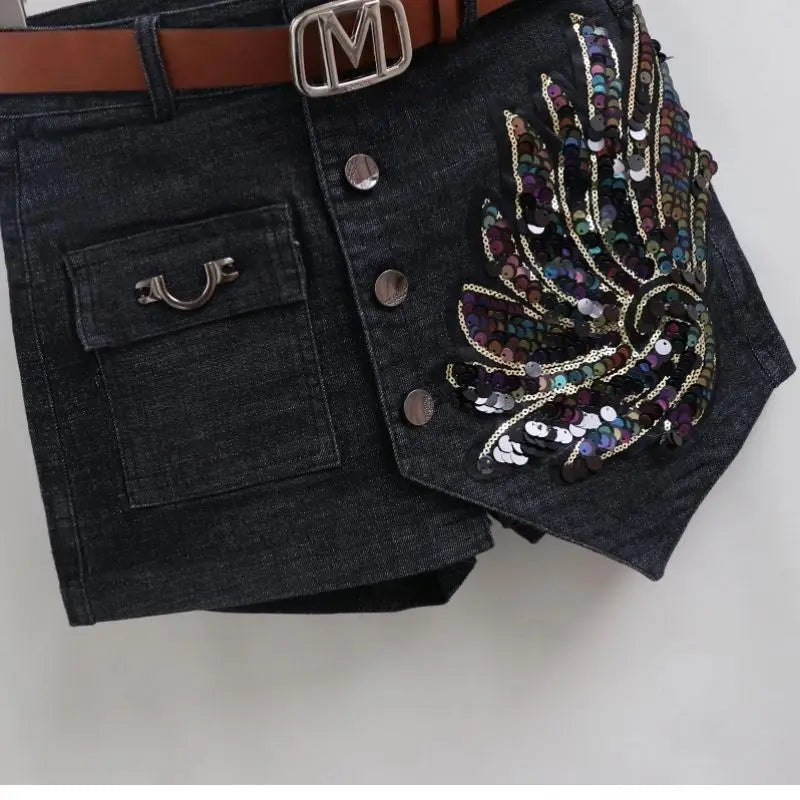 Fashion Sequin Denim Short Skirt Women Spring/Summer 2025 New Korean High Waist Slim Irregular Sexy Hot Pants White Black Casual