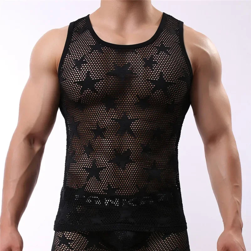 Mens Undershirts Sleeveless Gay Transparent Solid Tops Tees Vest Mesh Sexy Male Shirt Men Summer Wear Undershirts