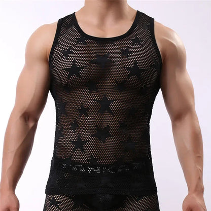 Mens Undershirts Sleeveless Gay Transparent Solid Tops Tees Vest Mesh Sexy Male Shirt Men Summer Wear Undershirts