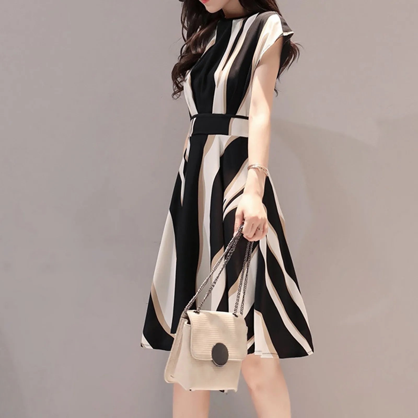 Women Dress Summer Vintage Printed Dress Elegant Fashion Ladies Business Dresses Belt O-Neck Short Sleeve Knee Length Dress