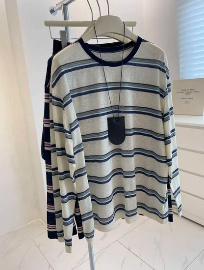 Women Clothes Spring Autumn Fashion Simplicity All-match Striped Color Blocking O-neck Ladies Appear Thin Lazy Wind Long Sleeve
