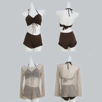 Beachwear Ruffles Bikini Set Slim Fit Lace-up Long Sleeve Swimsuit Sun Protection Transparent Pullover 3Pieces Set Swimwear