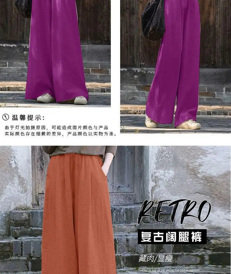 Linen Wide Leg Pants Women Casual Bohemian Loose Flowy Palazzo Pants Summer Spring