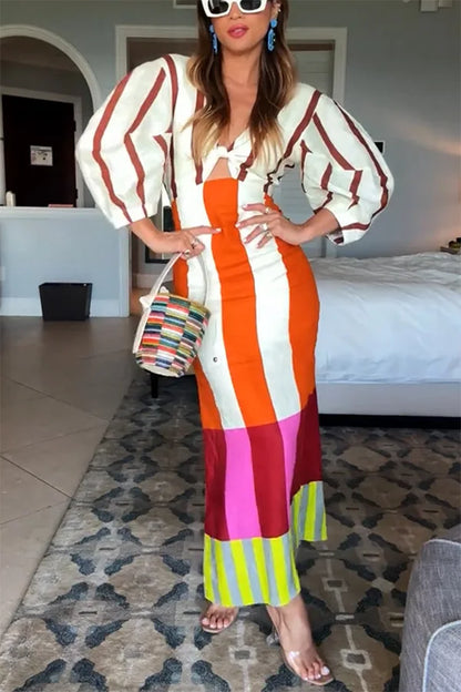 Women Fashion Linen Material  Fashion Chic Print Long Party Dresses Sexy V-neck Hollow Out High Waist Party Dress Lady Robes