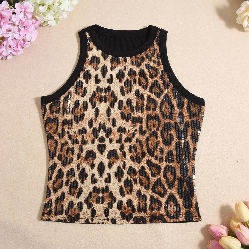 Tank Top for Women 2025 Summer New Pearl Leopard Print Small Sleeveless T-shirt Sexy Exposed Navel and Waist Color Blocked Vest