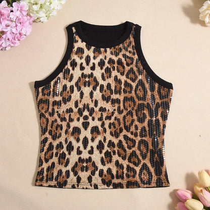 Tank Top for Women 2025 Summer New Pearl Leopard Print Small Sleeveless T-shirt Sexy Exposed Navel and Waist Color Blocked Vest