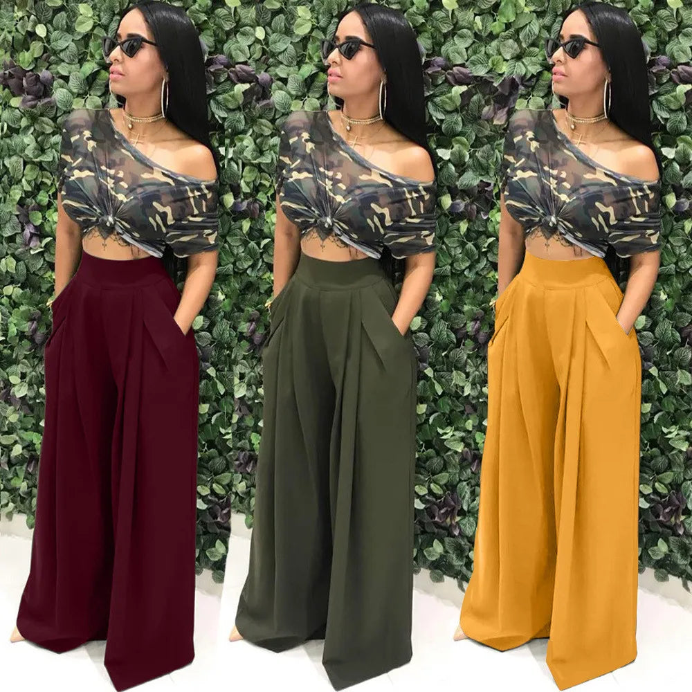 Women Casual Loose Palazzo Pants Autumn High Waisted Wide Leg Trousers Pleated Long Culottes Pants Elastic Waist Trouser Pockets
