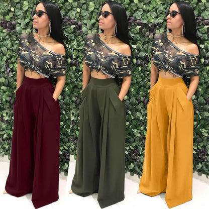 Women Casual Loose Palazzo Pants Autumn High Waisted Wide Leg Trousers Pleated Long Culottes Pants Elastic Waist Trouser Pockets