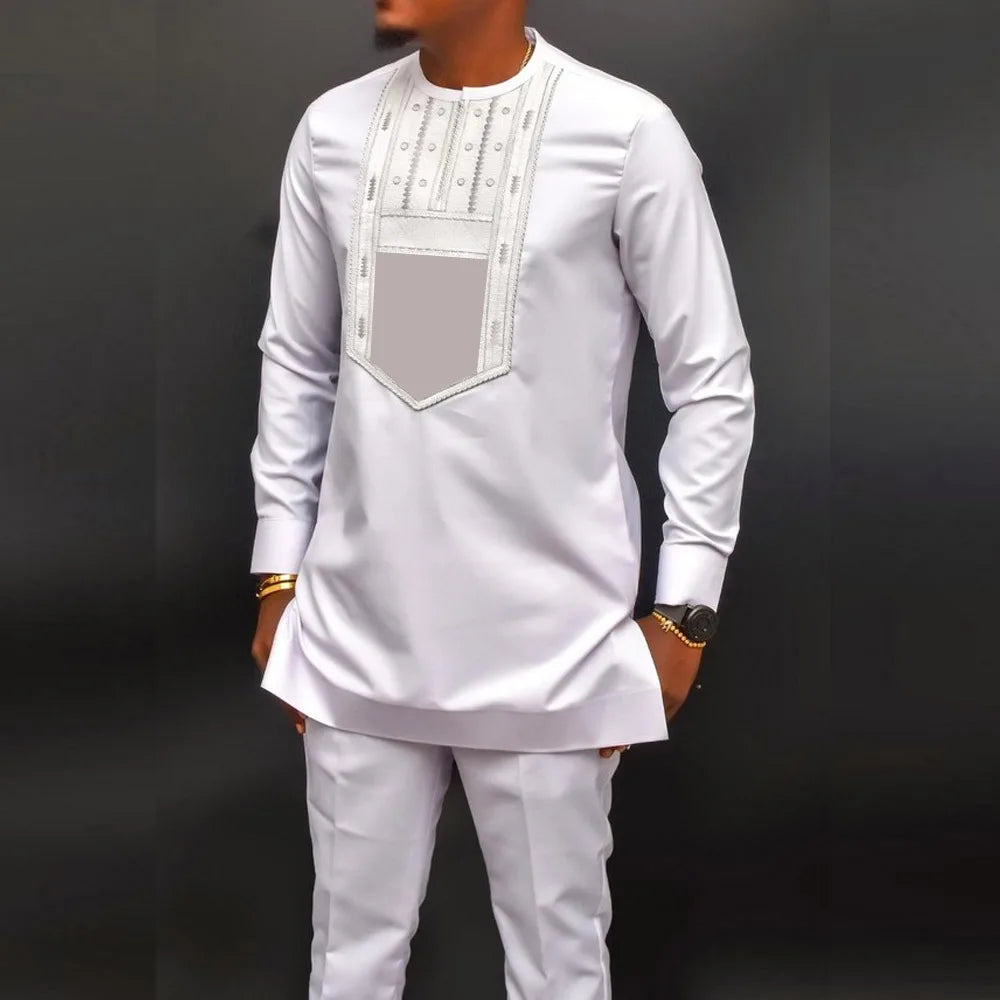 Kaftan Men Wedding Suits Groom Embroidered Pocket Top And Pants Kaunda Suit African casual Outfits Party Fashion Two-piece Set