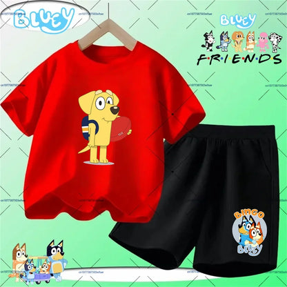 Vacation Kawaii Kids 2PCS Clothing Bluey Cartoon Print T-Shirt And Shorts Summer Casual Street Style Light Outfit Age 3-14 Years