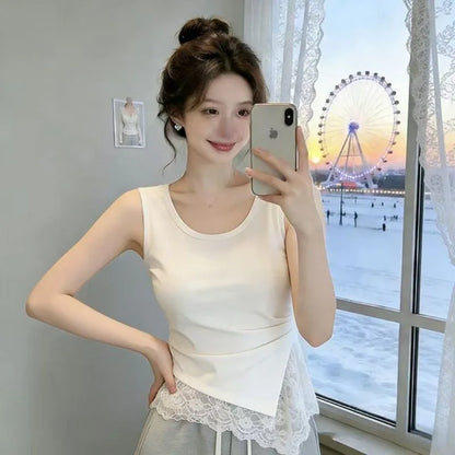 Sleeveless Lace Spliced   cut-sleeve Top for Women with Irregular Hem Layered Mid-length Vest Versatile Stylish