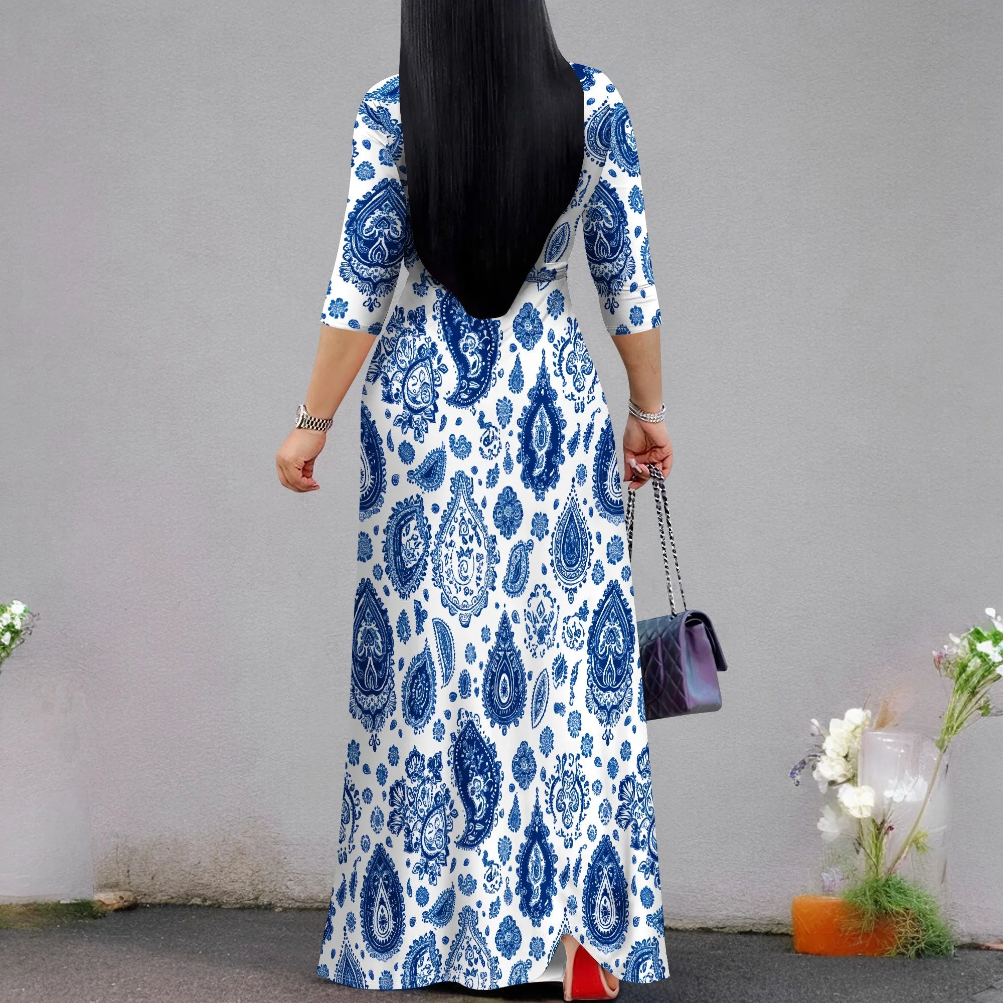 Plus Size Dresses for Women Print Maxi Dresses Flowy 3/4 Sleeve with Belt