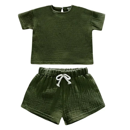 Casual Children Clothing Boys Outfit Set Solid Color Cotton Linen Short Sleeve Tops Shorts 2 PCS Summer Kids Clothing 1-7 Years