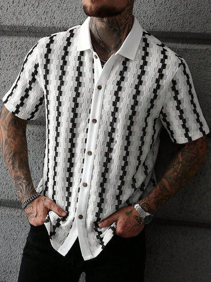 Classic Plaid Striped Knitting Shirt Short Sleeve Buttoned Turn-down Collar Mens Shirts Summer Vintage Slim Fit Knitted Cardigan