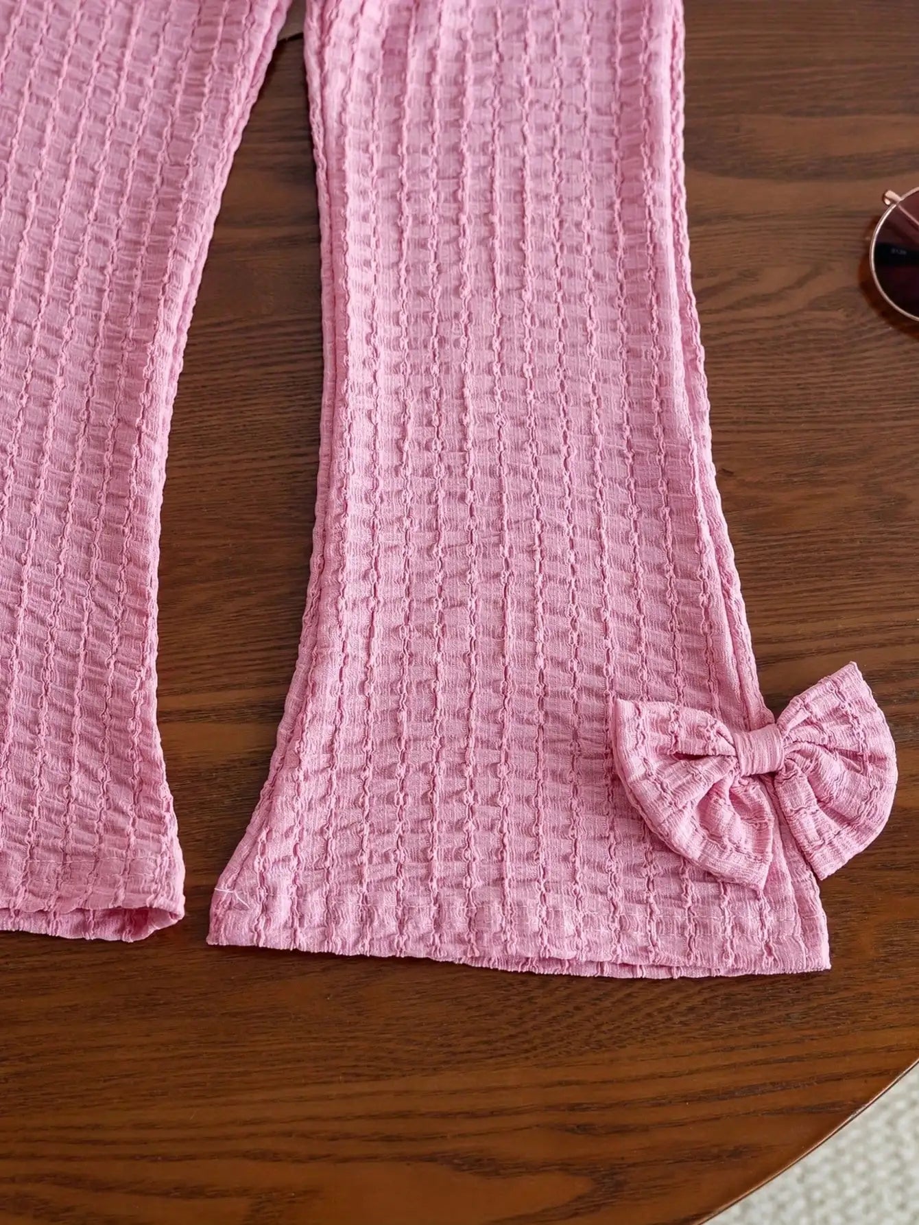 Fresh and sweet style, white strawberry decorated sleeveless top meets pink purple bow micro flared pants