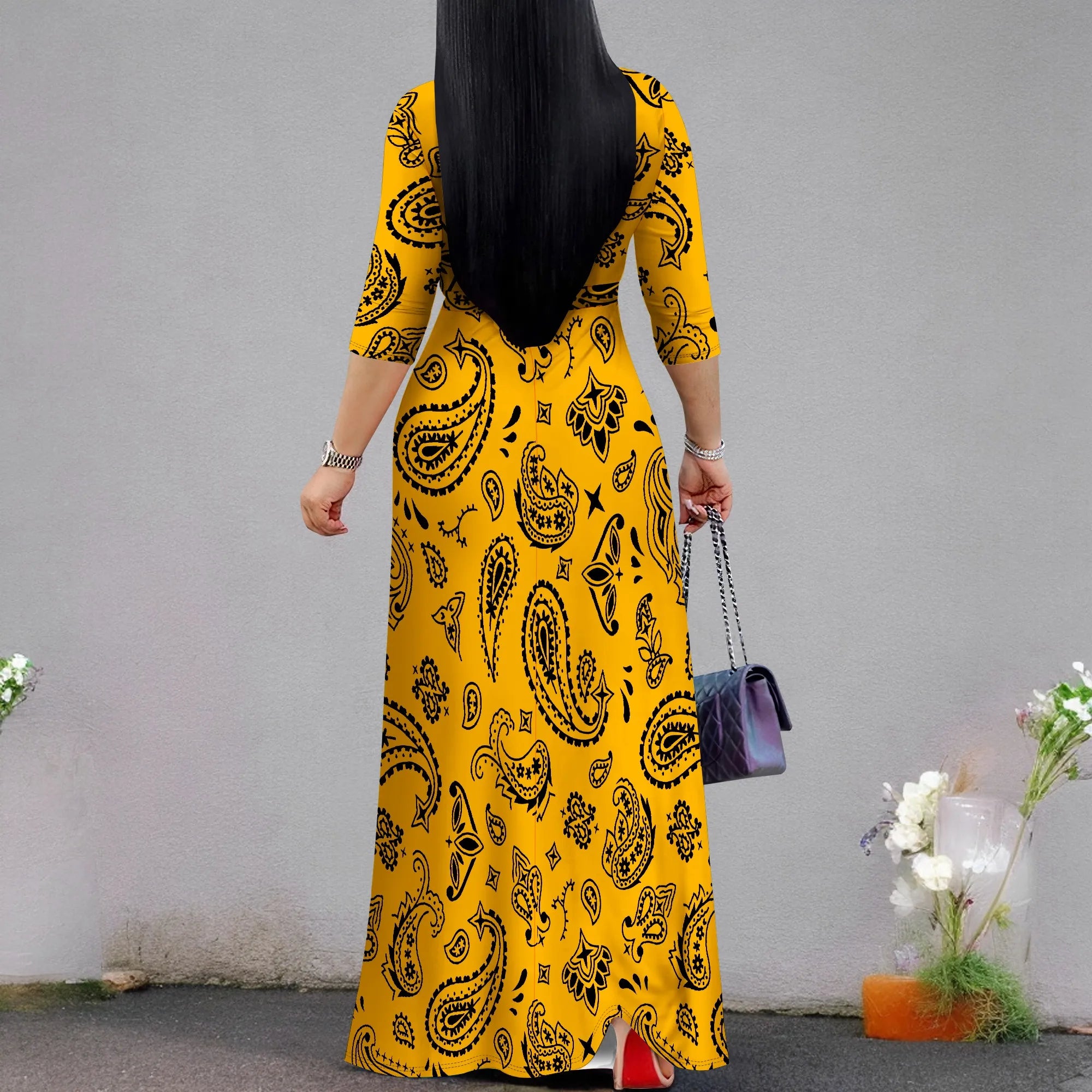 Plus Size Dresses for Women Print Maxi Dresses Flowy 3/4 Sleeve with Belt