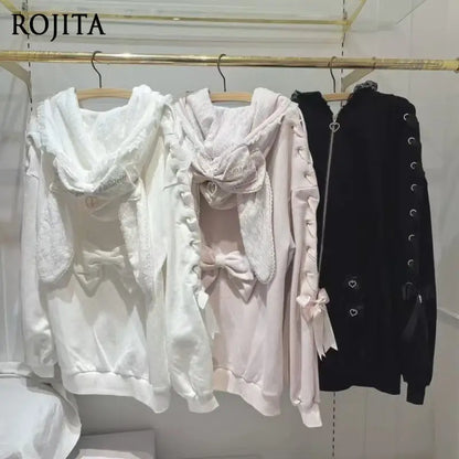 Hoodies Women 2025 Autumn New Sweet Bunny Ear Lace Hooded Sweatshirt for Women Cute Loose Tie Long Sleeve Jacket
