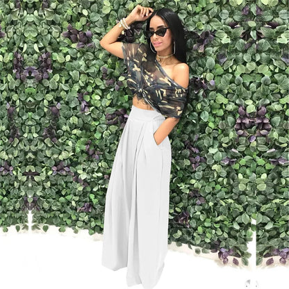 Women Casual Loose Palazzo Pants Autumn High Waisted Wide Leg Trousers Pleated Long Culottes Pants Elastic Waist Trouser Pockets