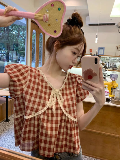 Blouses Women Plaid Vintage Literary Summer Short-sleeve Sweet Crop Tops Lace-up Aesthetic Prairie Chic Students French Style