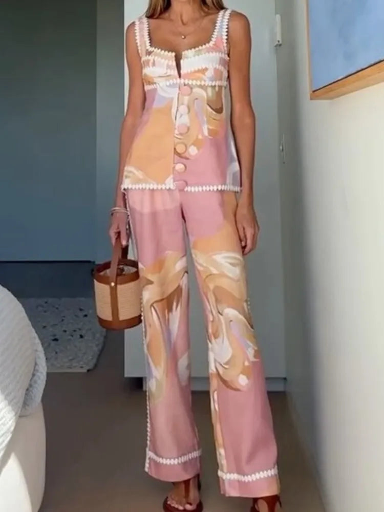 Women Sleeveless Top Two Pieces Matching Sets 2025 Summer Printed Patchwork Chic Outfit V Neck Fashion Simple Lady Suit Clothing