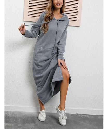 Hoodies Dress For Women Fashion 2025 Hem Lace-up Midi Robe Hooded Long Dress Autumn Winter Warm Casual Loose Sweatshirt Vestidos
