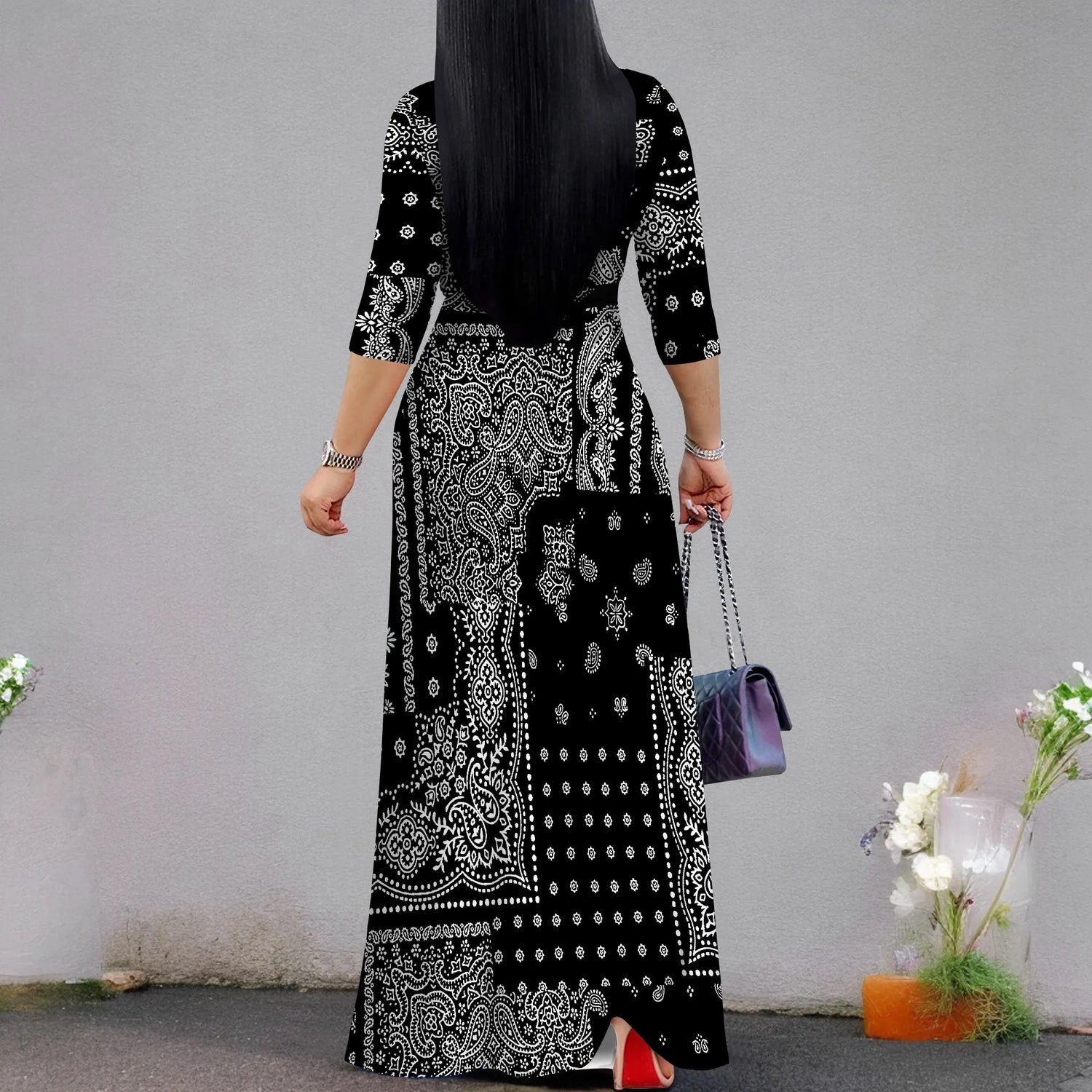 Plus Size Dresses for Women Print Maxi Dresses Flowy 3/4 Sleeve with Belt