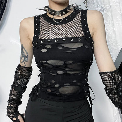 Gothic Tops Punk Tanks T-Shirt Women Sexy Fishnet Backless Steampunk Vest Clubwear for Party