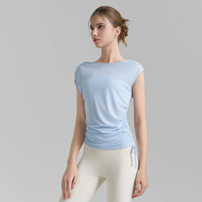 Sleeveless Pleated Cover Shirt with Drawstring, Tight Waist, High-end Feeling, Breathable and Slimming Sports T-shirt