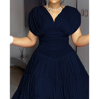 2025 Fashion Women Party Red Dress Textured V Neck Sleeveless Ruched Ruffles Hem Dress Casual Waist A Line Party Midi Dress