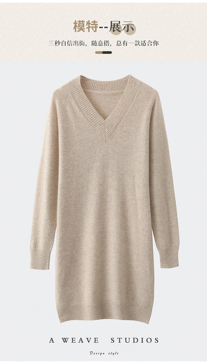 Fashion Autumn Winter Dress Women100%Merino Wool V-neck Long-sleeved Dress Women&