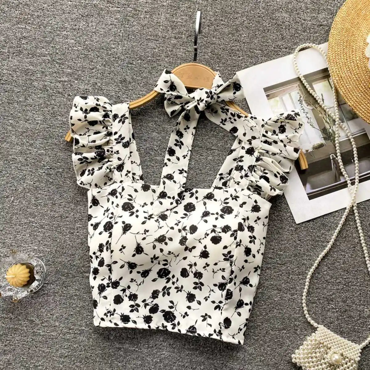 Crop Tops Camis Women Ruffles Sexy Elegant Simple Streetwear Vintage Summer Holiday Casual Young Aesthetic All-match Ulzzang New