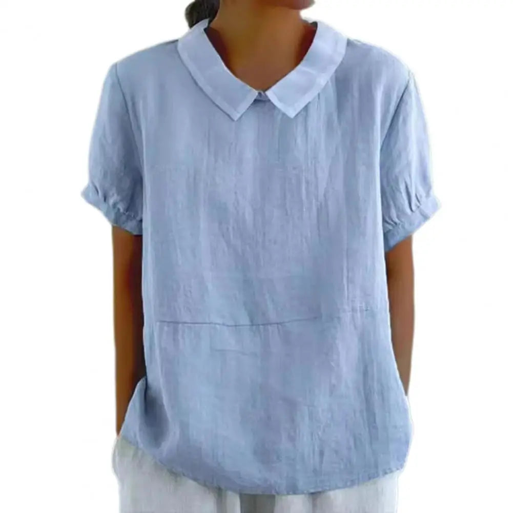 2026 Cotton Linen Women Blouse Lapel Short Sleeve Breathable Top Loose Fit Blouse Round Neck Soft Fabric Summer Blouse 80%