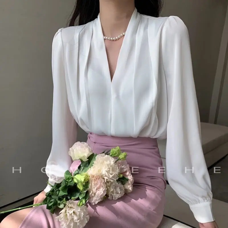 Women Clothing Fashion Loose V-Neck Chiffon Top Spring Autumn Elegant Long Sleeve Blouse Office Lady Simplicity Cozy Solid Shirt