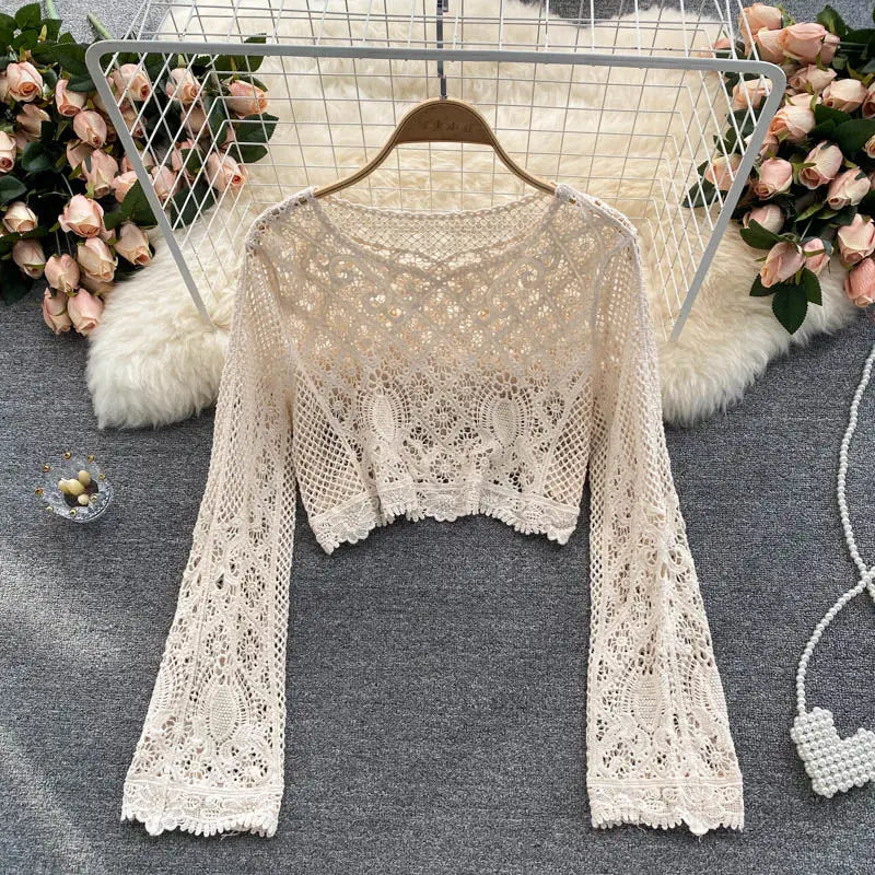 Blouses Women Retro Hollow Out All-match Sweet See-through Leisure Summer Sun-proof Korean Style Female Slim Crop Bohemian Ins