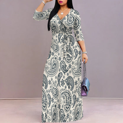 Plus Size Dresses for Women Print Maxi Dresses Flowy 3/4 Sleeve with Belt