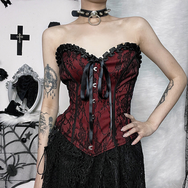 Tube Top Gothic Printed Lace Trim Sleeveless Metal Buttons Lace-up Corsets Tank Top Court Elegant Fairy Grunge Top