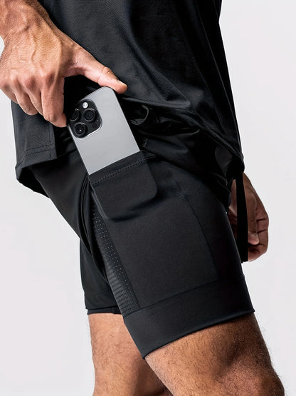 Sports shorts for men, double layered, quarter quick drying, elastic basketball, running training equipment, deep squat fitness,