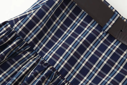HH Woman Fashion Street Style Skirt Women Fashion Belted Plaid Midi Skirt Zipper Casual Long Skirt High Waist Chic Pleated Skirt