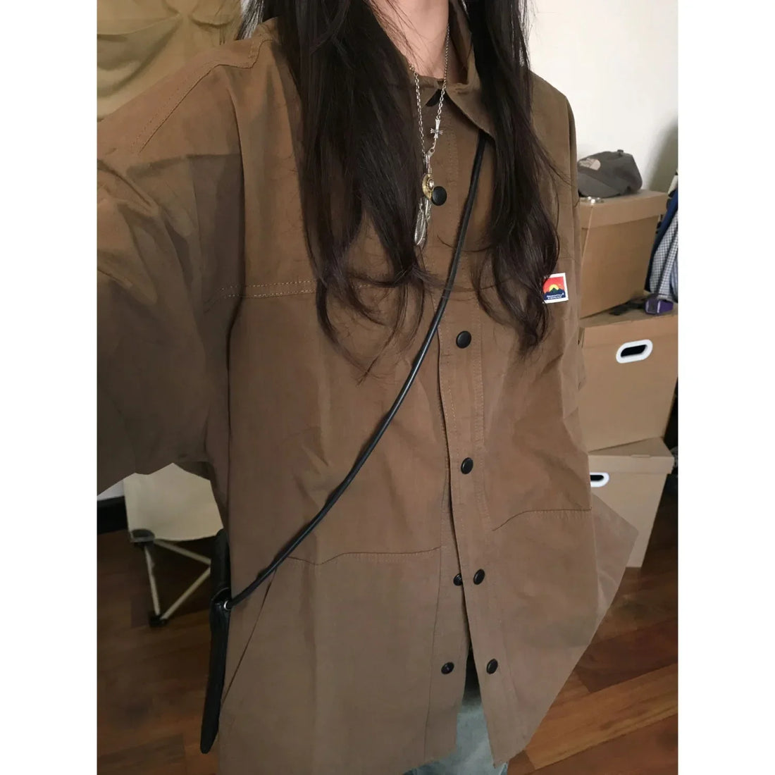 Vintage Short Sleeve Shirts Ta Blouses Streetwear Women Oversize Button Up Korean Chic Cool Brown Tops Aesthetic Hippie Japanese