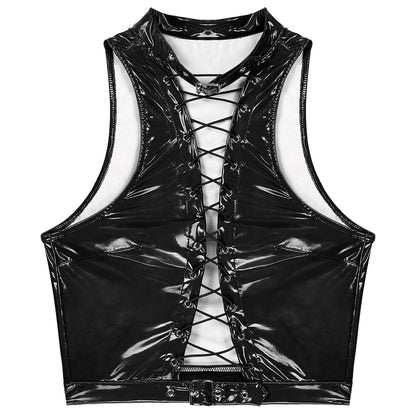 Mens Sleeveless Crop Top for Men Gothic Punk Clubwear Wet Look Patent Leather Vest Tops Hollow Out Eyelet Lace-Up Sleeveless Top