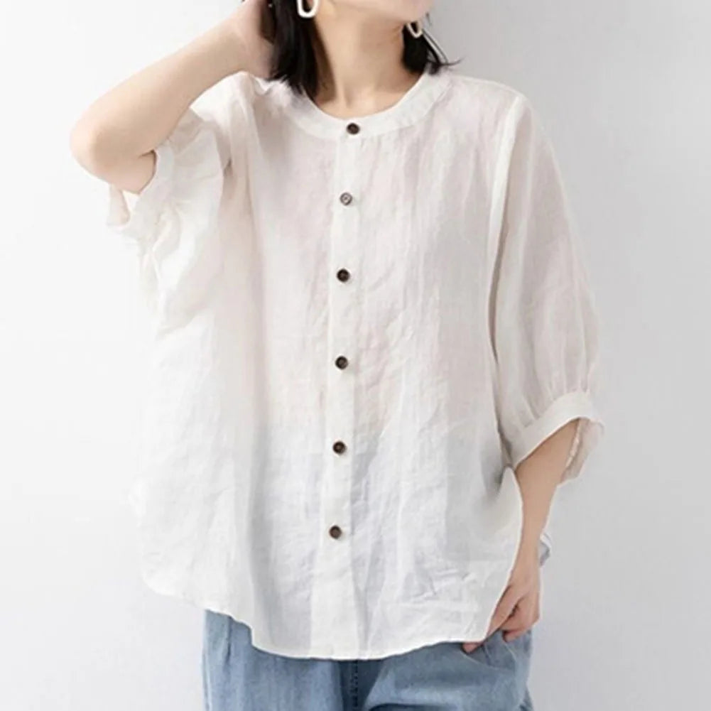 Casual Long Sleeve Cotton Linen Blouses Female Loose Fit Vintage Style Shirts Comfortable Lightweight Breathable Tops