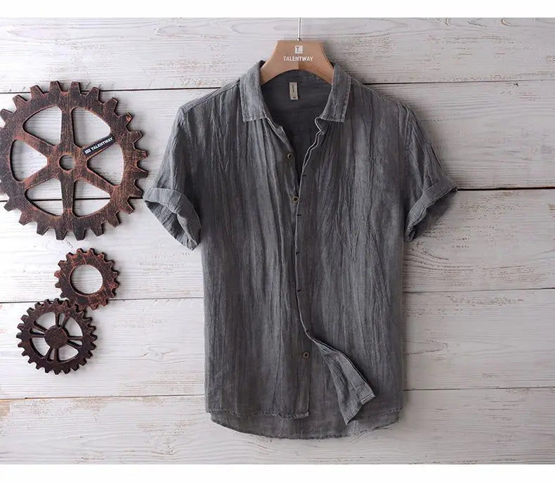 Linen Short Sleeved Shirt for Men, Trendy Japanese Retro Solid Color Summer Thin Casual Loose Cool Shirt Top