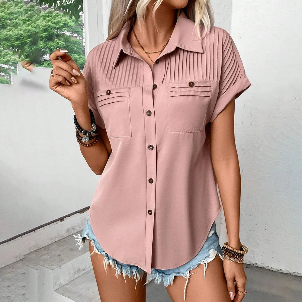 Fashion Short Sleeve Shirts For Women Summer 2025 Casual Solid Color Turn-down Collar Loose Blouse Female Elegant