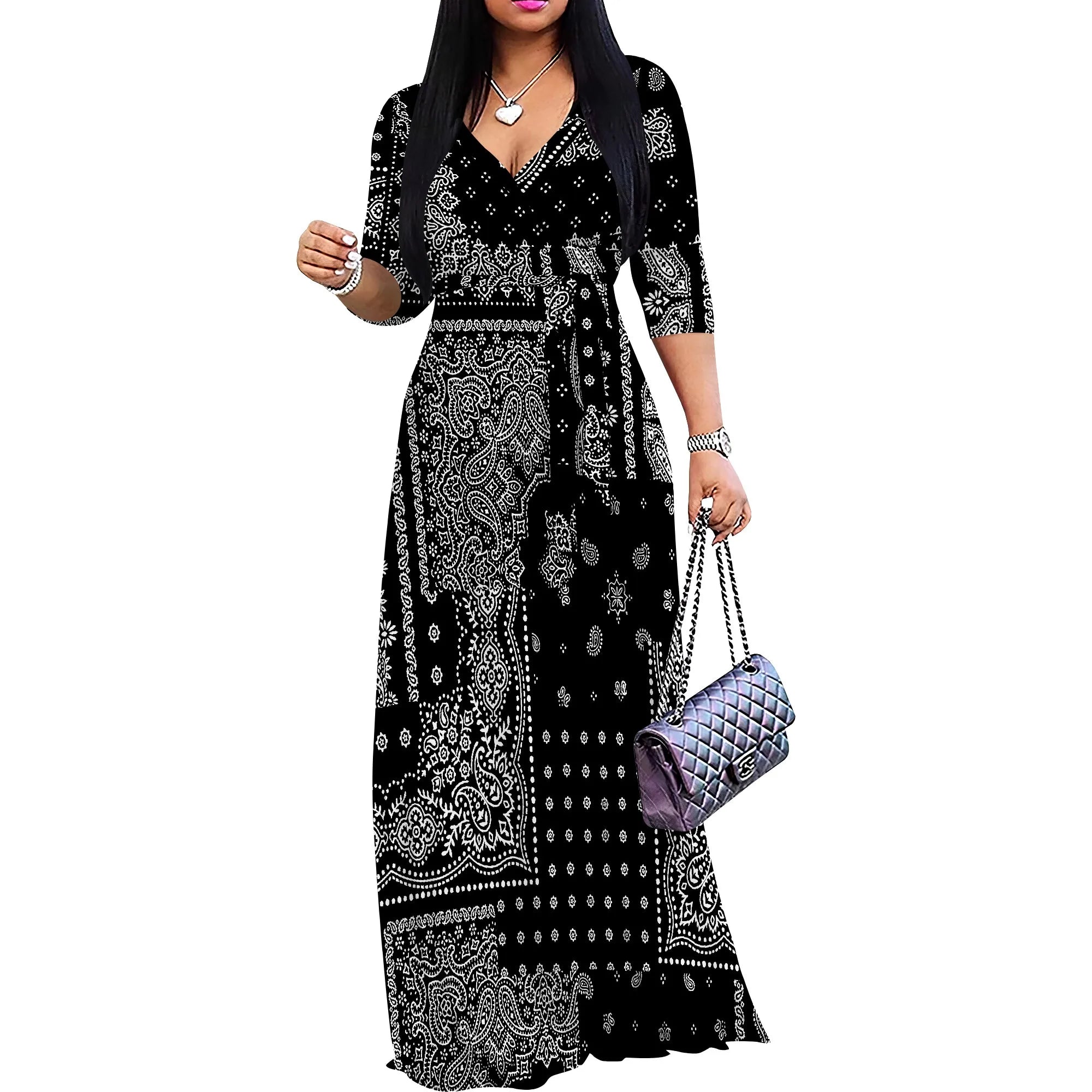 Plus Size Dresses for Women Print Maxi Dresses Flowy 3/4 Sleeve with Belt