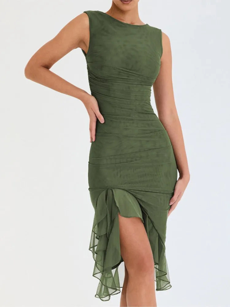 2025 Spring And Summer Sleeveless Dresses Women New Fashion Mesh Tight Solid Color Elegant Temperament Irregular Hem Vestidos